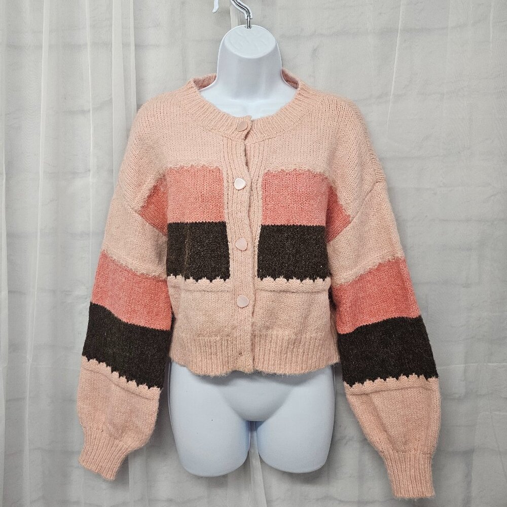 Pink Brown Striped Cardigan Coquette Cottage Boho M